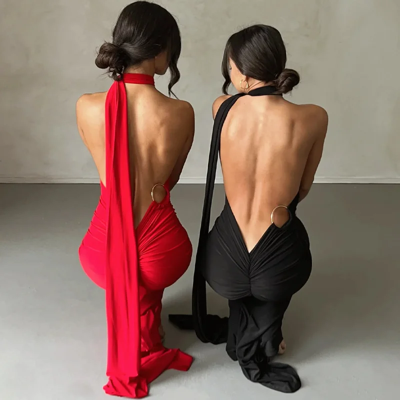 Ootddress Oblique Shoulder Backless Maxi Dress For Women Gown Summer Back Strap Sleeveless Ruched Party Sexy Long Dress Vestidos