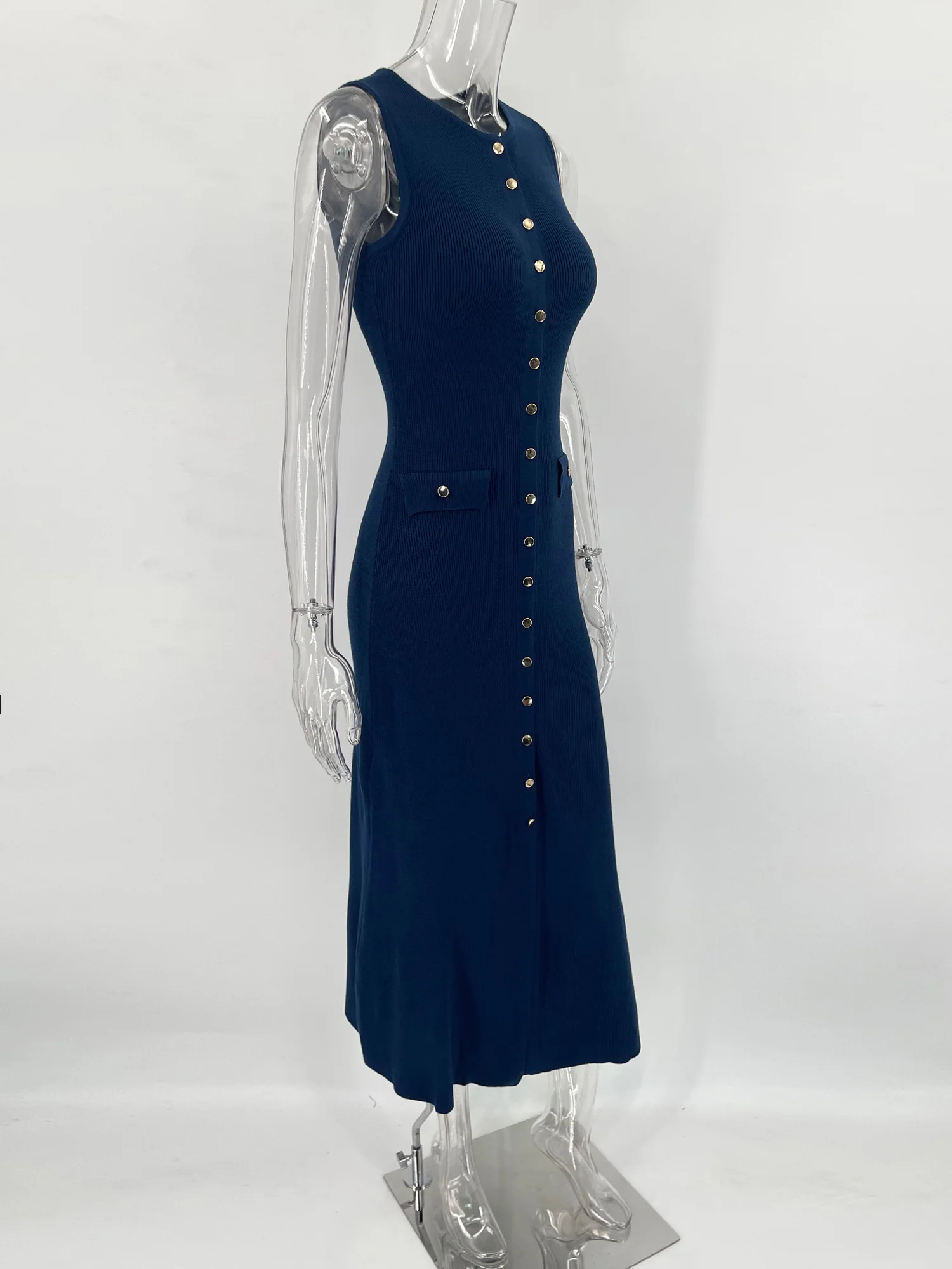 Ootddress Knit Ribbed Cardigan Maxi Dress Female High Waist Slim Pocket Sleeveless Elegant Party Dress Women's Knitwear Long Dress