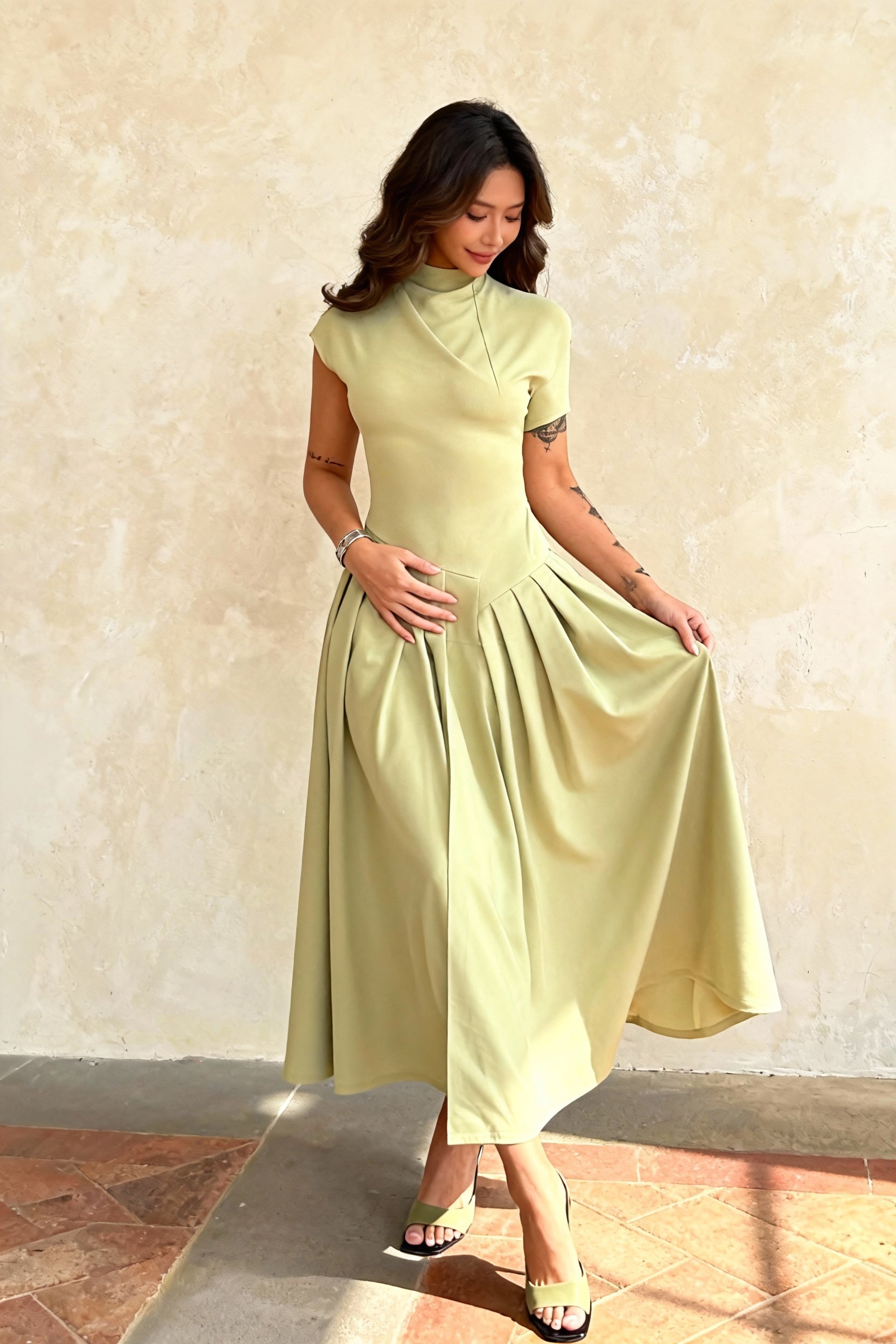 One Shoulder Ruched Waistband Pleated A-Line Midi Dress