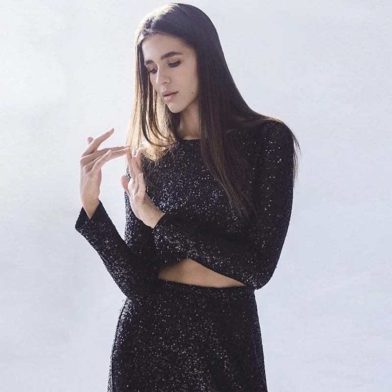 Ootddress Sequins Loose Dress Sets Women Long Sleeve Crop Tops High Waist Sexy Maxi Skirts Ladies Two Piece Suits Womens Outifits