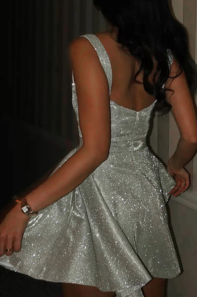 Glitter Square Neck Sleeveless Fit-and-Flare Pleated Mini Dress