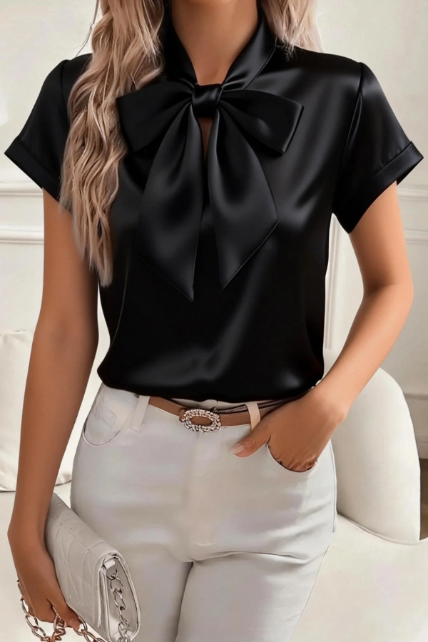 Solid Color Satin Collared Short-sleeved Tie Bow Casual Shirt