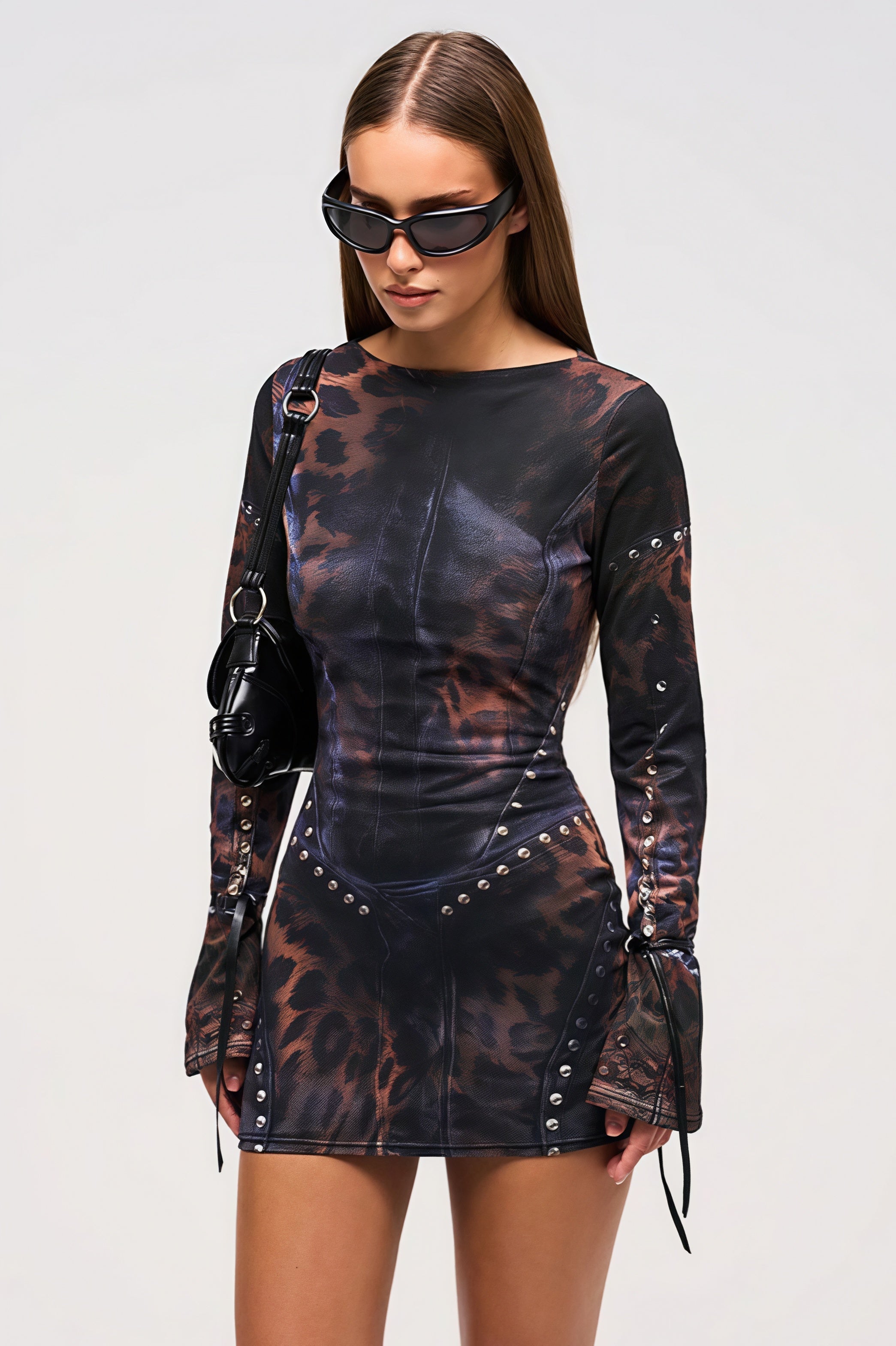 Print Trompe L'Oeil Studded Corset Boat Neck Long Sleeve Bodycon Mini Dress