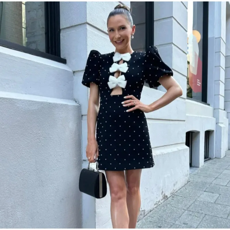 Fashion Puff Sleeve Bow Mini Dress For Women 2025 Spring Summer Solid High-waist Short Dresses Female Elegant Chic Party Looks