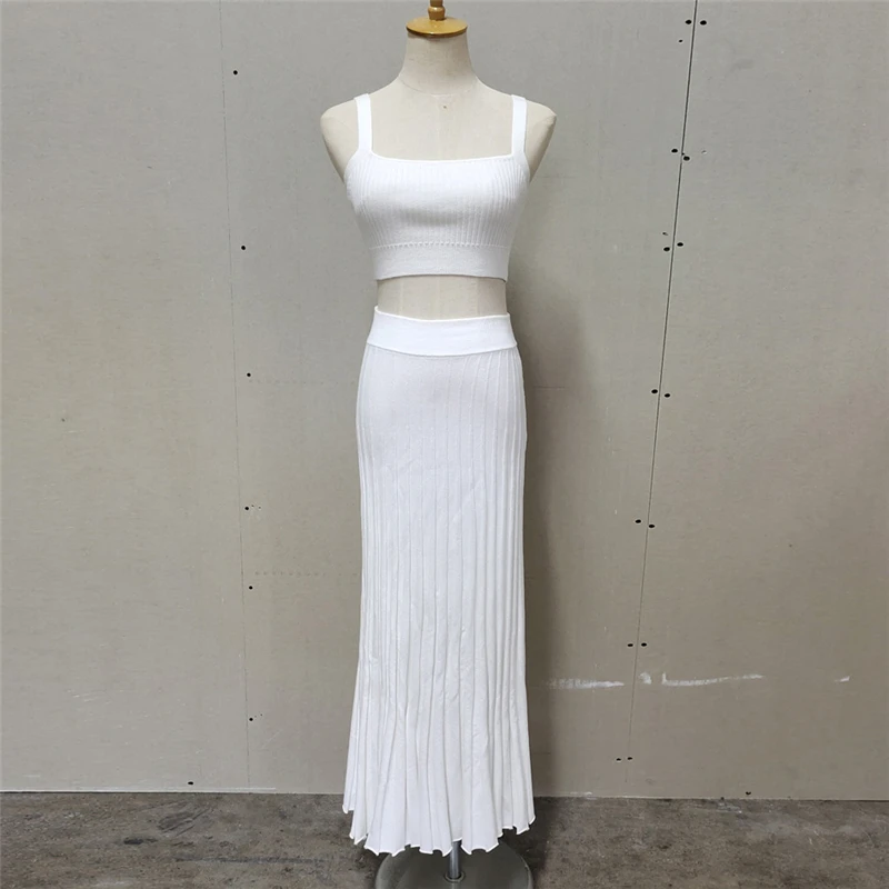 Ootddress New White Knit Two Piece Women Sets Fall Ribbed Tank Top And Pleated Knitted Skirt Suits For Women Long Dress Sets Summer
