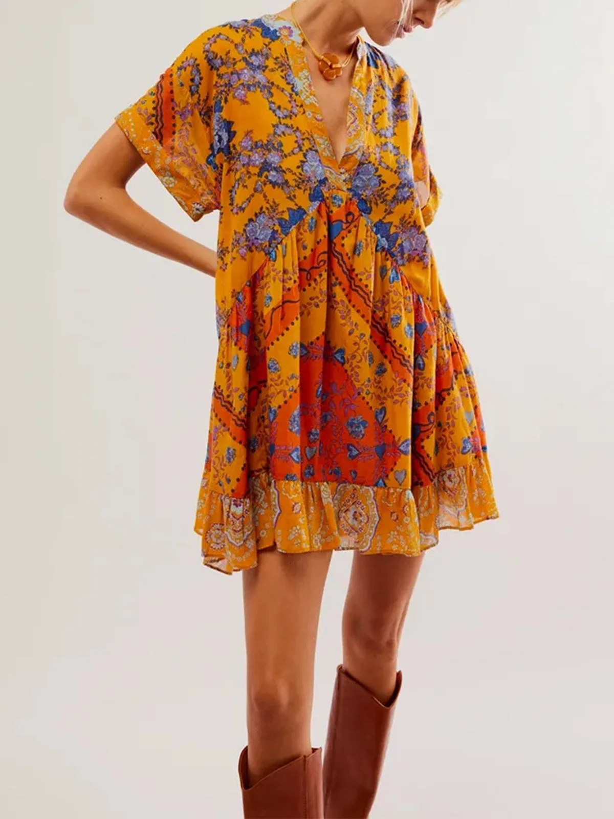 Color Vintage Print Mini Dresses Women Spring Summer New V-neck Short Sleeves Folds Loose Irregular Short Dress Fashion Vestidos 16 Color Vintage Print Mini Dresses Women Spring Summer New V-neck Short Sleeves Folds Loose Irregular Short Dress Fashion Vestidos