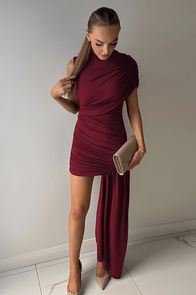Mock Neck Asymmetric Draped Wrap Ruched Side Train Bodycon Mini Dress