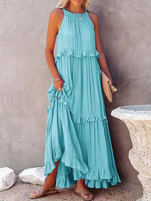 Summer Vacation Style Halter Neck Long Dresses Women Fashion Backless Leace-up Loose Ruffles Beach Dress Elegant Ladies Vestidos 15 Summer Vacation Style Halter Neck Long Dresses Women Fashion Backless Leace-up Loose Ruffles Beach Dress Elegant Ladies Vestidos