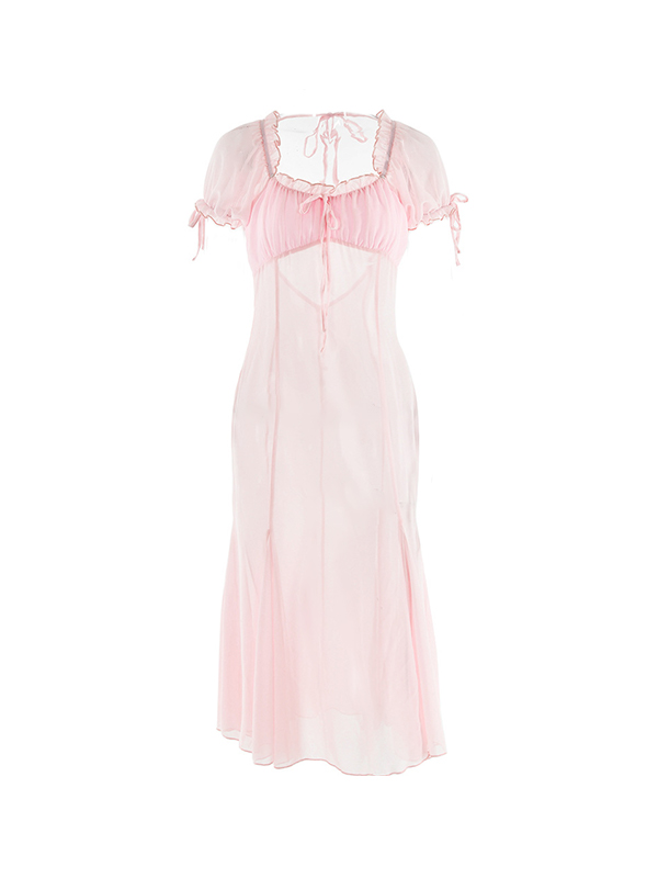 French Chiffon Splice Lace Up Backless? Midi Dress