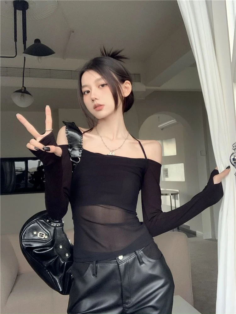 Long Sleeve Top Womens Halter 2025 Casual Tee Shirt Gauze Trendy Off Shoulder T Shirts Femme Y2k Crop Top Streetwear Party Club 12 Long Sleeve Top Womens Halter 2025 Casual Tee Shirt Gauze Trendy Off Shoulder T Shirts Femme Y2k Crop Top Streetwear Party Club