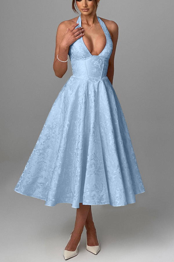 Stylish Jacquard Halter Neck Fitted Waist Open Back Elegant Midi Dress
