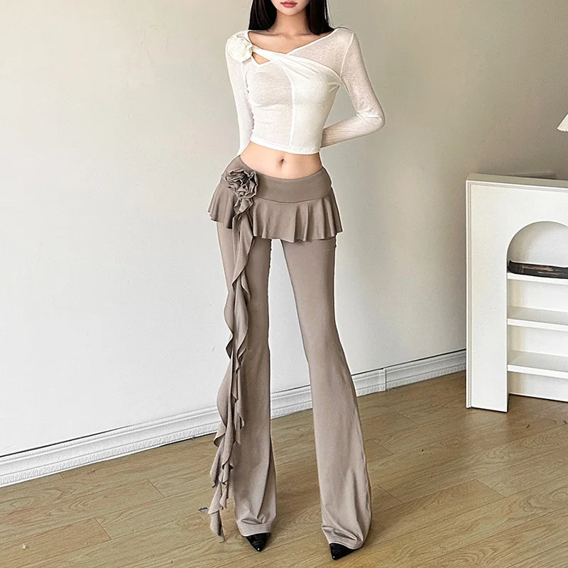 Ootddress Fashion Flower Ribbons Straight Pants For Women Solid Color Casual High Strecth Folds Patchwork Female Summer Trousers