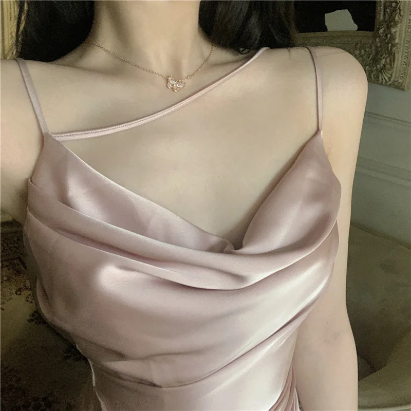 Sexy Satin Midi Dress Women New Summer Spaghetti Strap Slim Swinging Collar Split Evening Party Dresses Prom One Piece Vestido