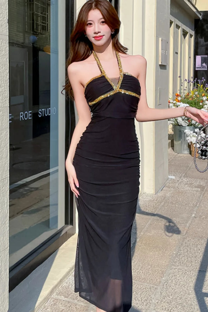 Rhinestone Halter Neck Ruched Gathered Mesh Bodycon Maxi Dress