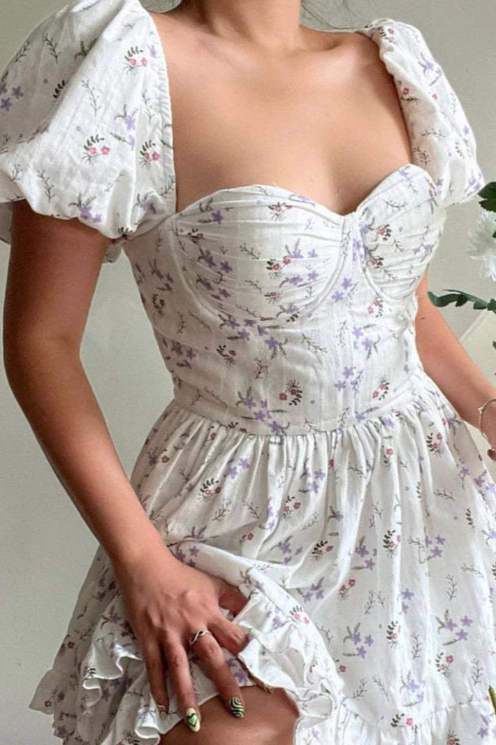 Ditsy Floral Print Sweetheart Puff Sleeve Ruched Tiered Ruffle Mini Dress