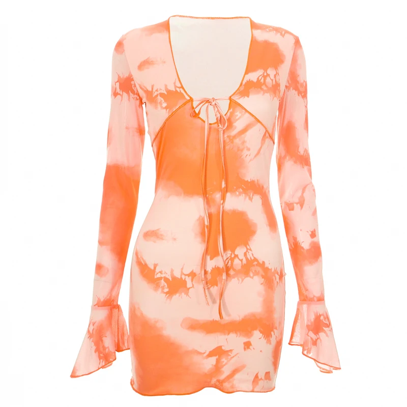 Spring Summer Abstract Print Trumpet Sleeve Bandage Mini Dresses Sexy V Neck Party Dresses Women