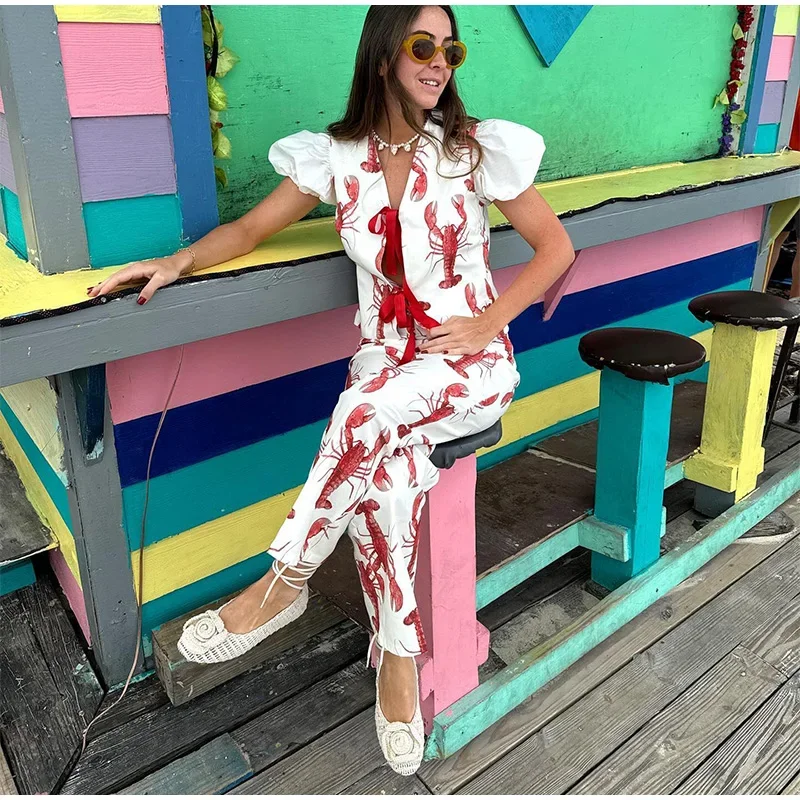 Cartoon Cray Printing Long Pants Set For Women 2025 Summer Short Sleeve Shirt High Waist Wide Leg Pant 2 Piece Sets Lady Outfits