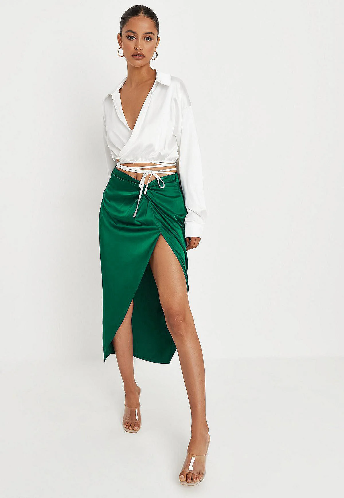Ootddress Women Solid Satin High Splite Out Sexy Skirts Folds Irregular High Waist Bodycon Long Skirts Female French Style Outwears