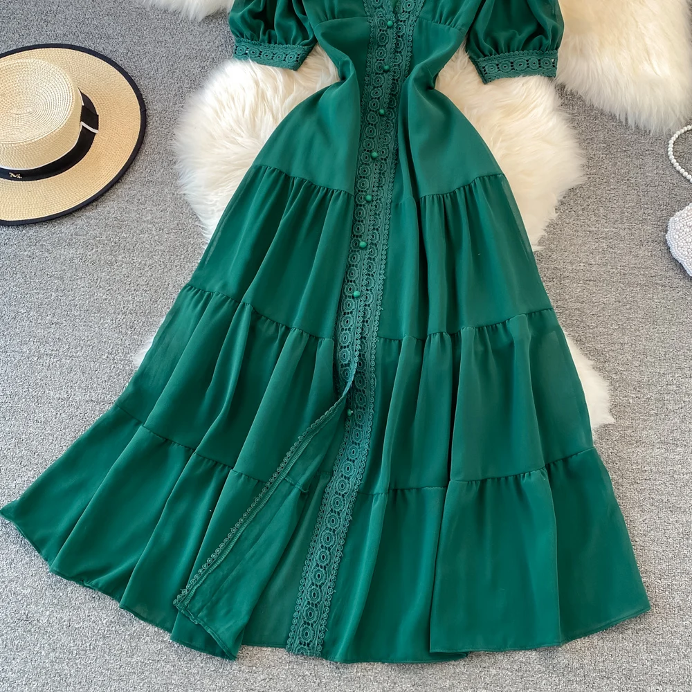 New Women Vintage Party Dress Summer Puff Sleeve Sexy V Neck Lace Single-breasted Long Dresses Ladies A Line Elegant Long Robe 34 New Women Vintage Party Dress Summer Puff Sleeve Sexy V Neck Lace Single-breasted Long Dresses Ladies A Line Elegant Long Robe