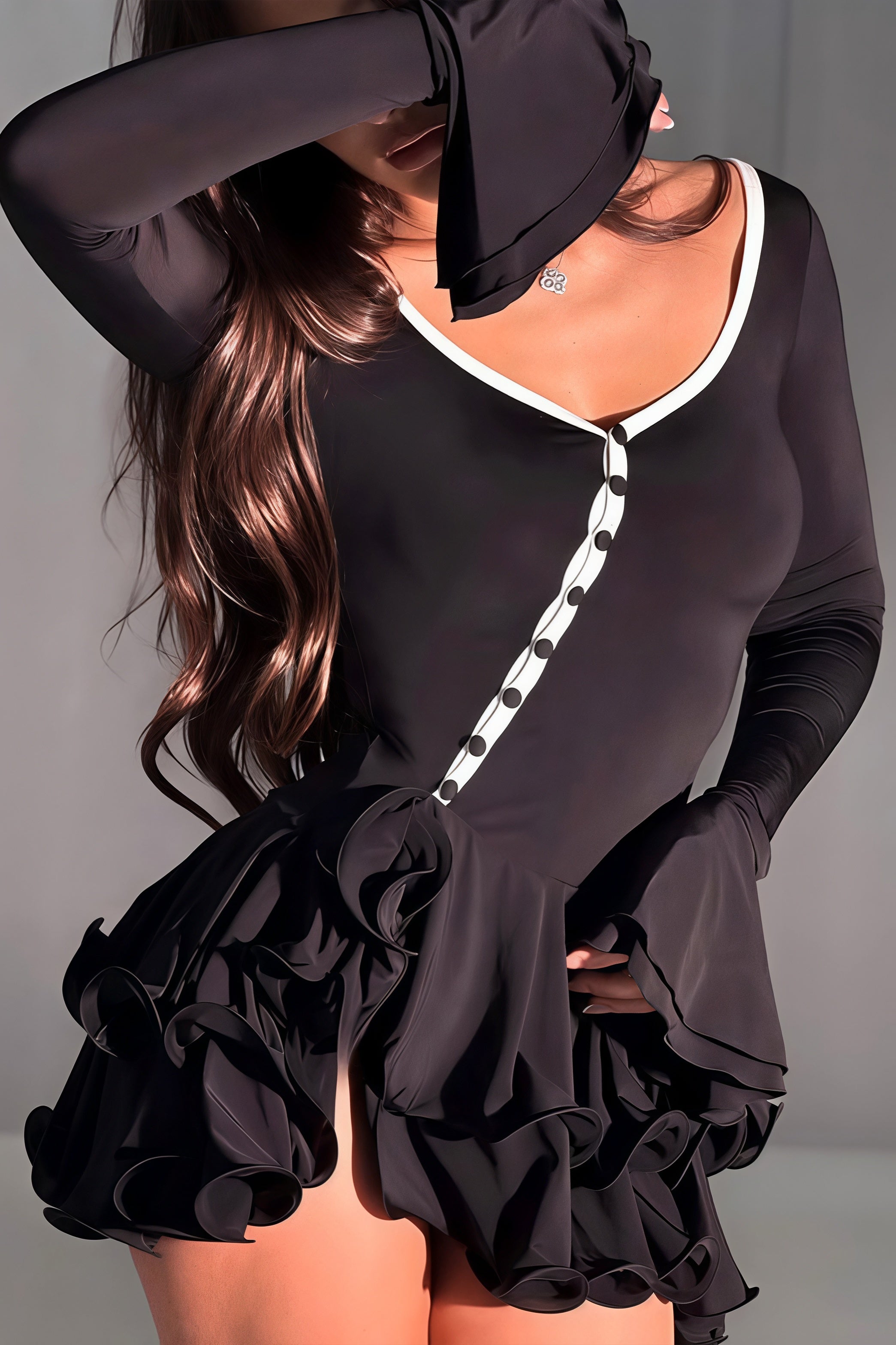Scoop Neck Button Front Tiered Ruffle Bell Sleeve Mini Dress