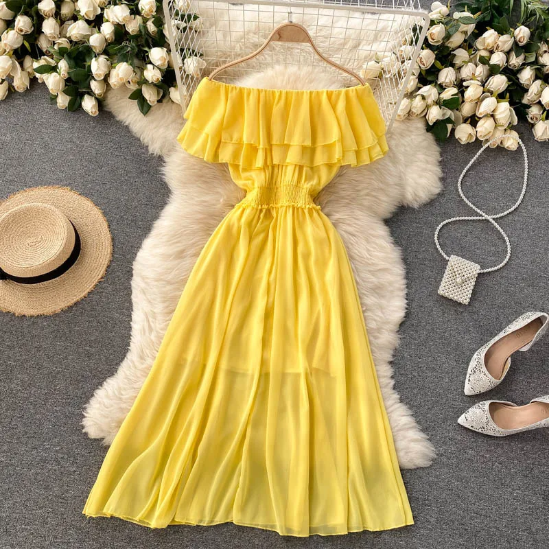 Women Chiffon Beach Dress Sexy Double Layer Ruffled Off The Shoulder Boho Dresses Ladies Sweet Slash Neck Long Dress 48 Women Chiffon Beach Dress Sexy Double Layer Ruffled Off The Shoulder Boho Dresses Ladies Sweet Slash Neck Long Dress