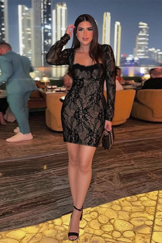 Floral Lace Square Neck Long Sleeve Scalloped Trim Bodycon Mini Dress
