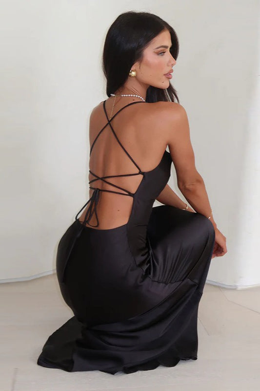 Satin Cowl Neck Spaghetti Strap Bias Cut Slip Midi Dress