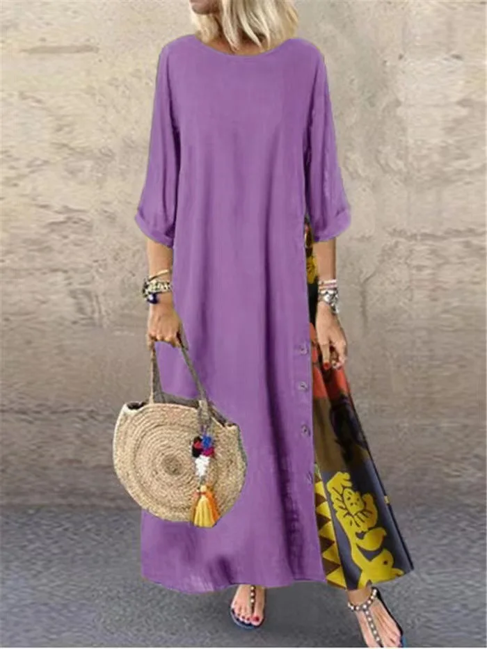 Cotton Linen Vintage Long Dresses Women Three Quarter Sleeves Splicing Print Loose A-line Dress Fashion Casual Lady Maxi Vestido 11 undefined