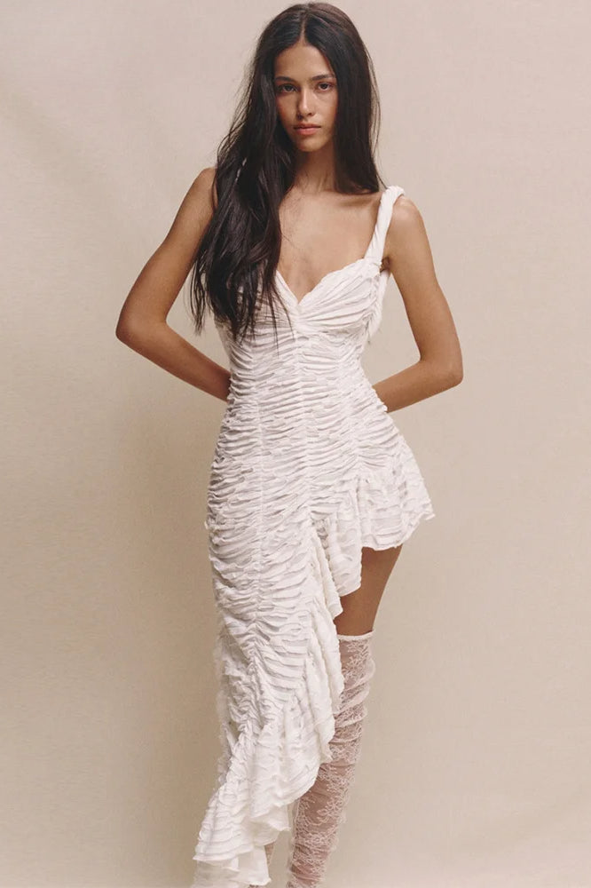 Ruched Sweetheart Neck Asymmetrical Draped Hem Mini Dress
