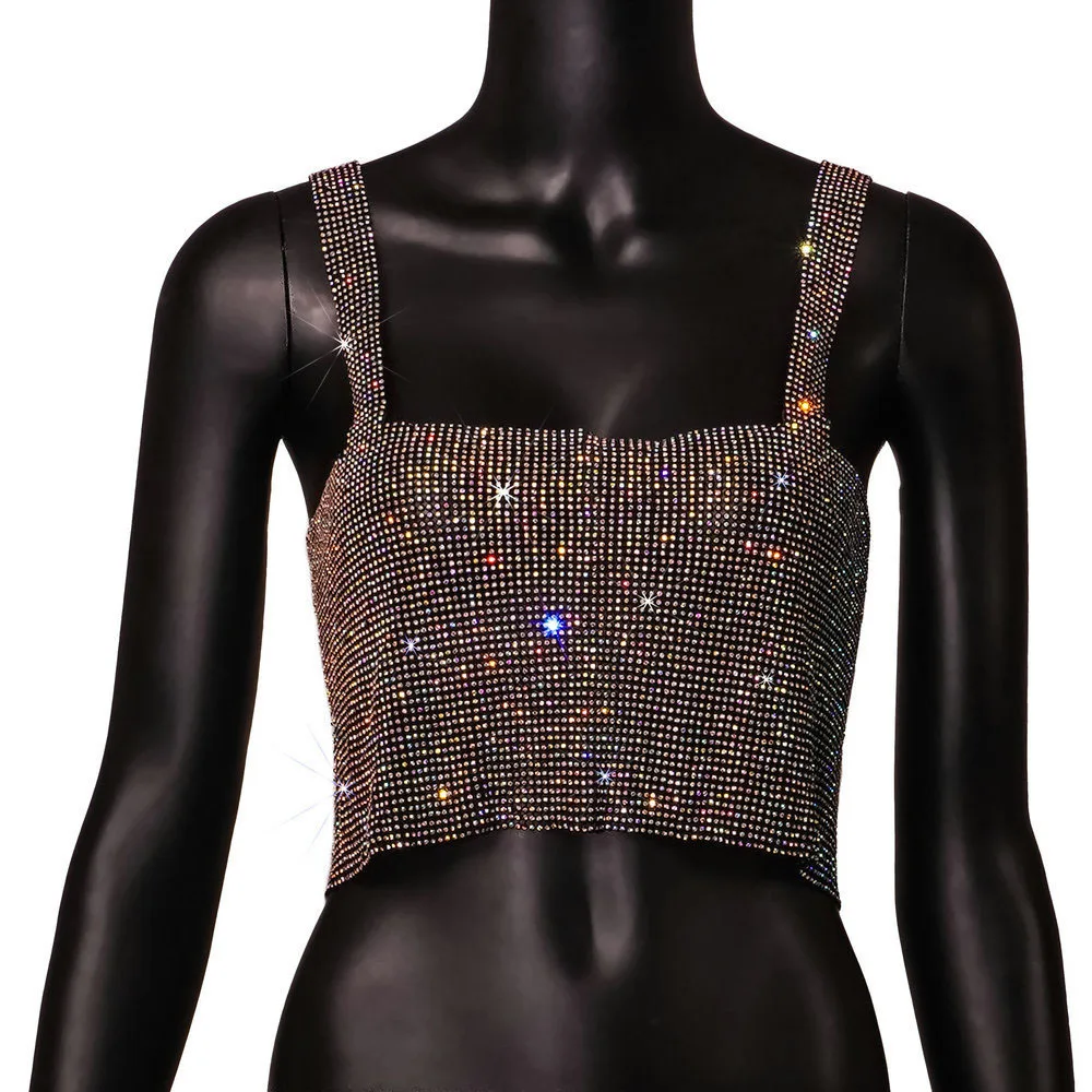 Ootddress Metal Mesh Rhinestone Sleeveless Tank Top Women Back Hollow Chain Crop Tops Hot Girl Beach Sexy Club Party Vest Femme