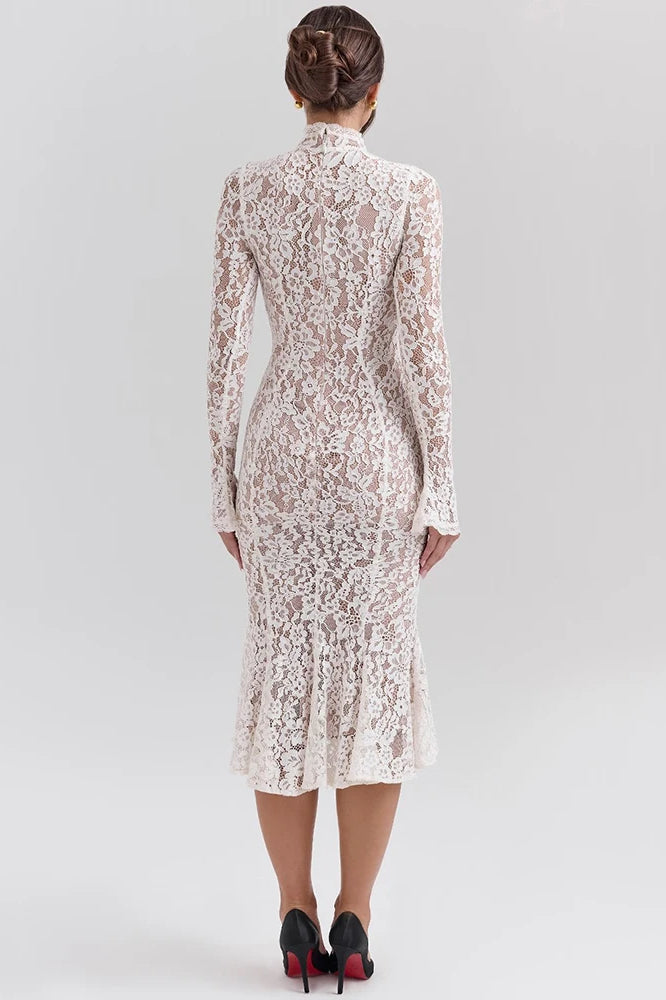 Floral Lace Mock Neck Bell Sleeve Mermaid Hem Midi Dress