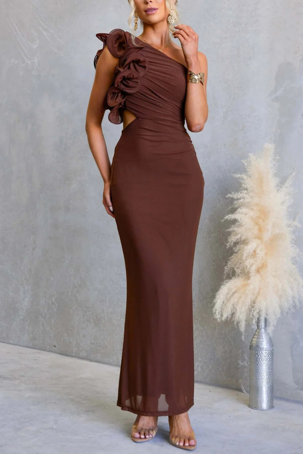 Fashionable Mesh Sleeveless One-shoulder Waist-revealing Maxi Dress