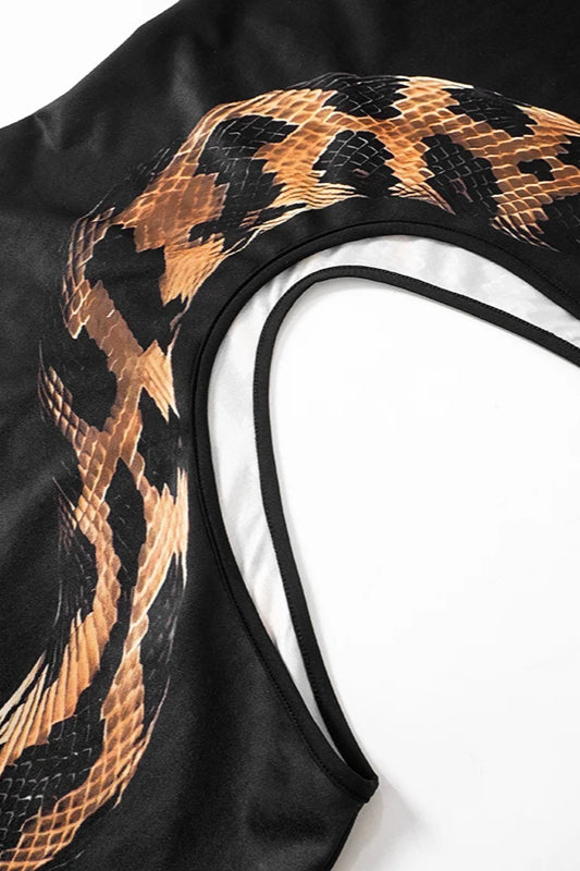 Snake Print Waist Cutout High Slit Sleeveless Bodycon Maxi Dress