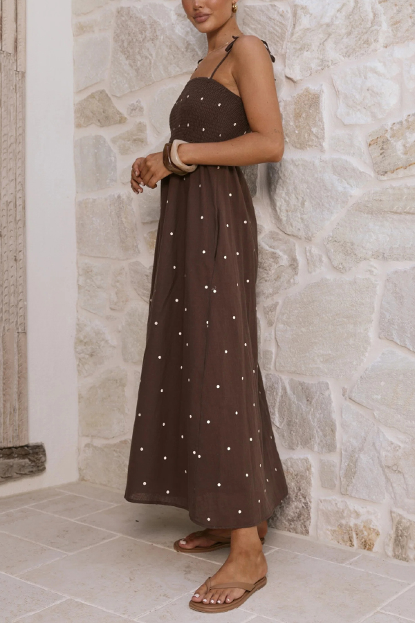 Fashionable Polka Dot Print Suspender High-waisted Pleated Casual Maxi Dress