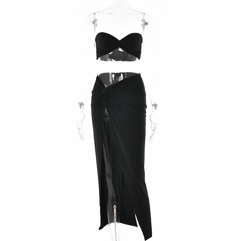 Ootddress Elegant Strapless Sexy Two Piece Set Women Sleeveless Crop Top And High Split Skirt Matching Sets Party Dress Sets