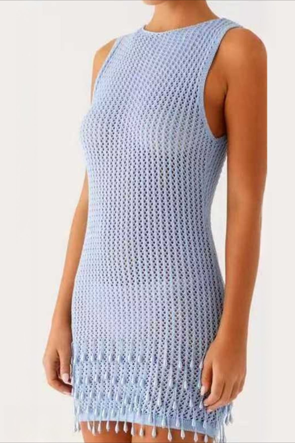 Crew Neck Open Knit Crochet Pearl Bead Fringe Mini Dress