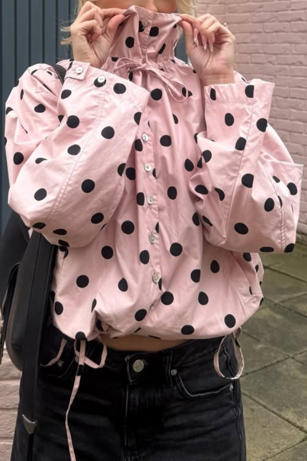 Polka Dot Print Loose Stand Collar Button Bow Tie Casual Long-sleeved Jacket
