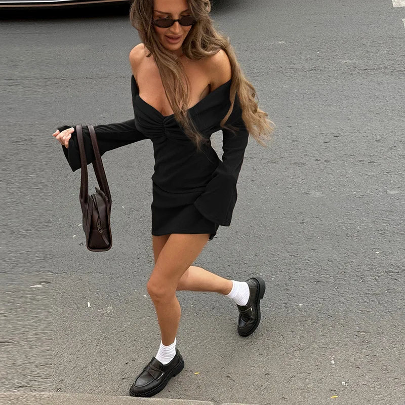 Ootddress Vintage Pleated Slim Mini Dress Women Off-Shoulder Fashion Long Sleeve Patchwork Party Dress Female Solid Backless Drerss