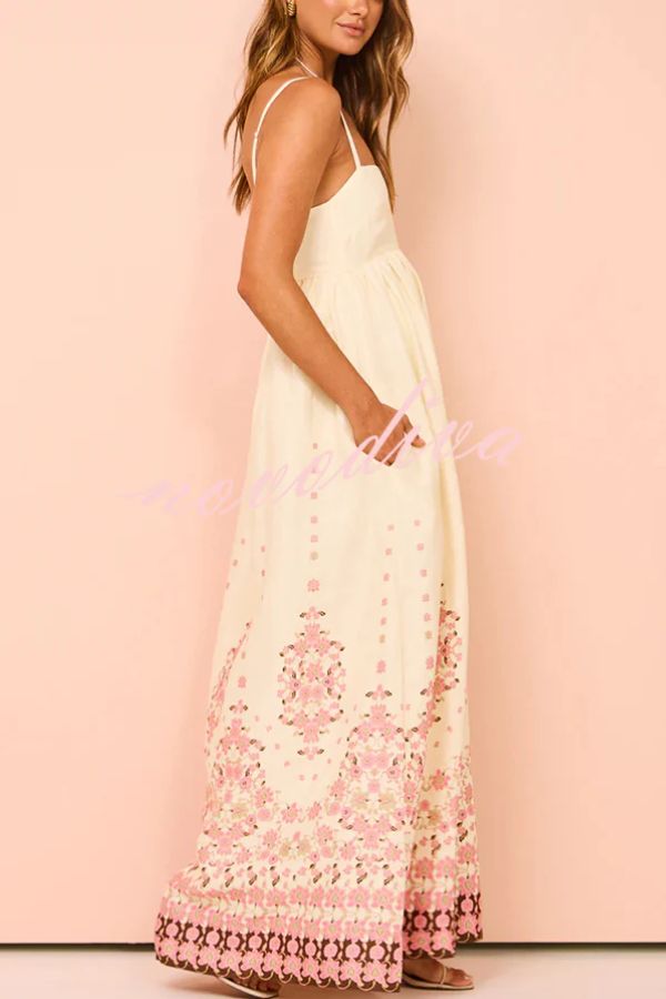 Linen Blend Floral Border Print Spaghetti Strap Empire Waist Maxi Dress