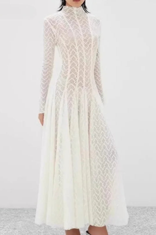 Mock Neck Geometric Crochet Knit Long Sleeve Fit and Flare Maxi Dress