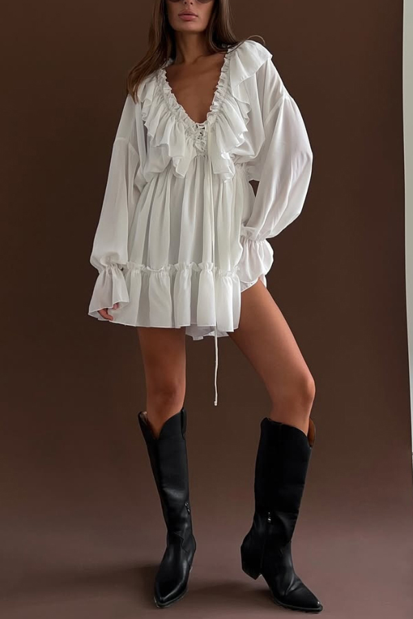 Solid Color V-neck Ruffled Ruched Long-sleeved Vacation Mini Dress