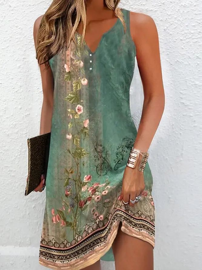 Vintage Flower Print Mini Dresses Women Summer New Fashion Casual V-neck A-line Sleeveless Dress Vestido Lady Commuting Clothing 13 Vintage Flower Print Mini Dresses Women Summer New Fashion Casual V-neck A-line Sleeveless Dress Vestido Lady Commuting Clothing