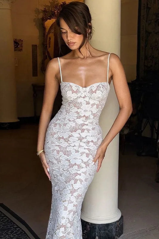 Lace Floral Sweetheart Bustier Spaghetti Strap Bodycon Midi Dress
