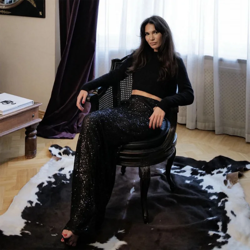 Ootddress Sequins Loose Dress Sets Women Long Sleeve Crop Tops High Waist Sexy Maxi Skirts Ladies Two Piece Suits Womens Outifits