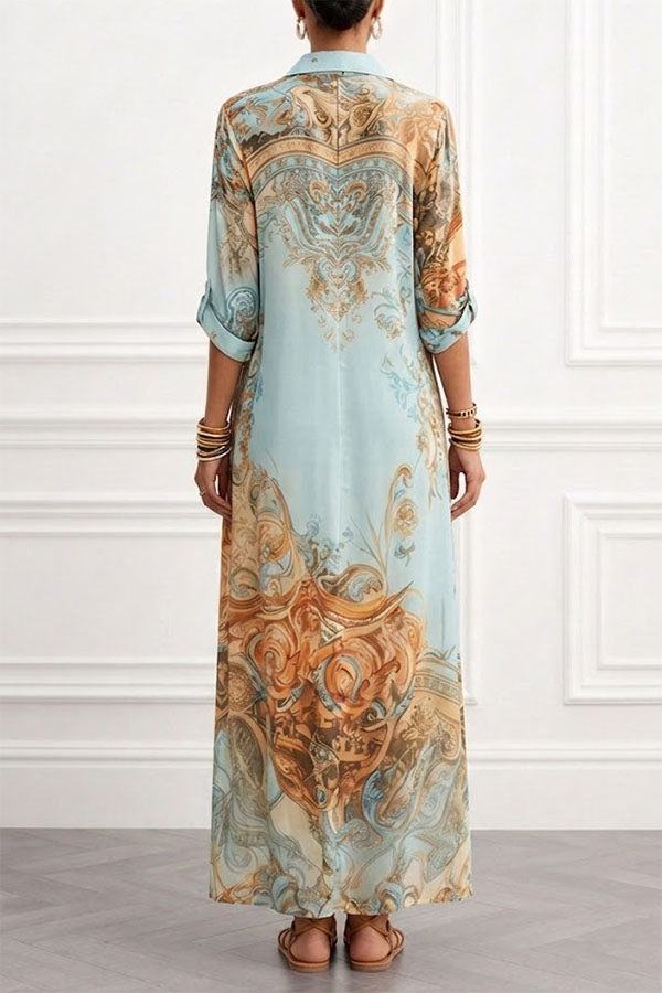 Boho Vintage Art Print Button Down Maxi Shirt Dress