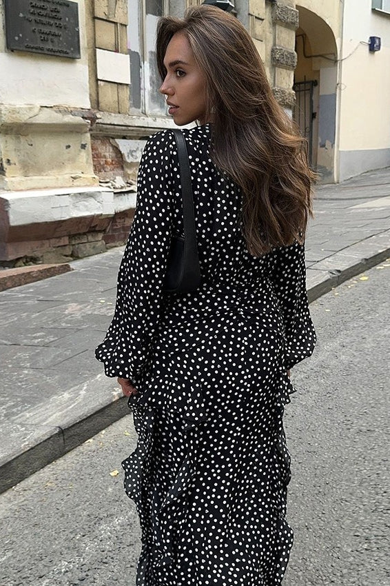 Black V-Neck Polka Dot Puff Sleeve A-Line Maxi Dress