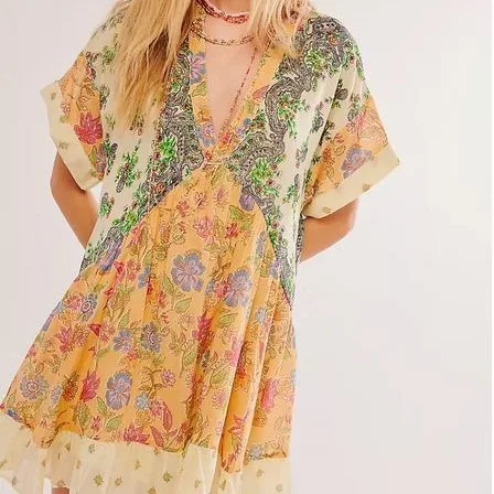 Color Vintage Print Mini Dresses Women Spring Summer New V-neck Short Sleeves Folds Loose Irregular Short Dress Fashion Vestidos 10 Color Vintage Print Mini Dresses Women Spring Summer New V-neck Short Sleeves Folds Loose Irregular Short Dress Fashion Vestidos