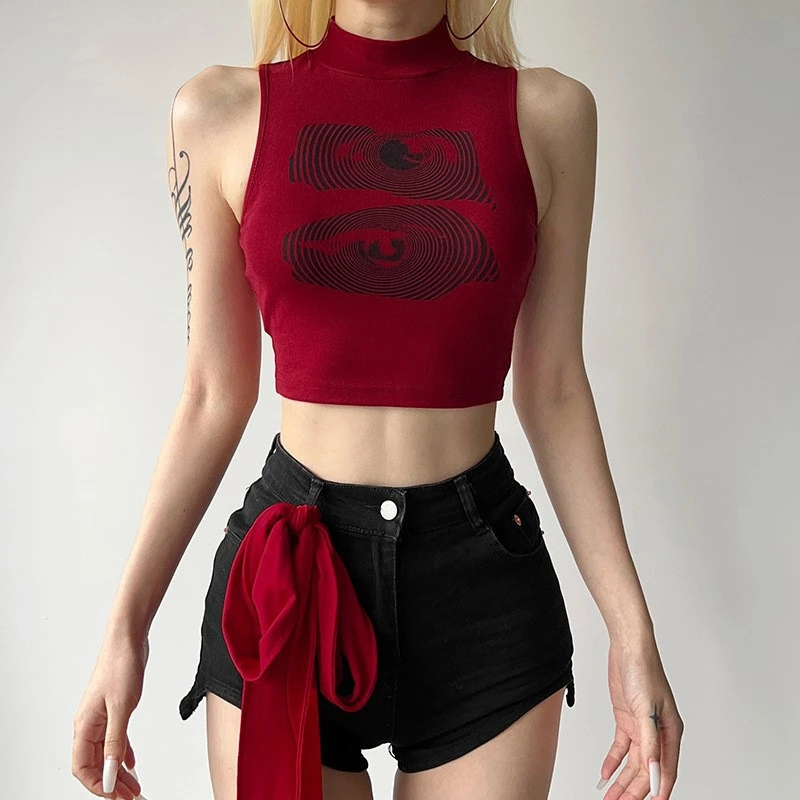 Summer Tank Top Women Y2k Clothing Fashion Crop Top High Neck Red Printing Sleeveless Sexy Streetwear Girls' Short Tops