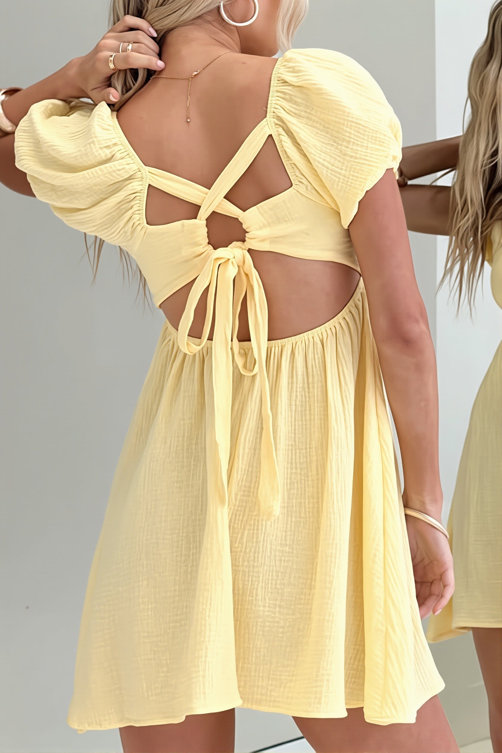 Square Neck Ruched Puff Sleeve Empire Waist Crinkle Gauze Mini Dress