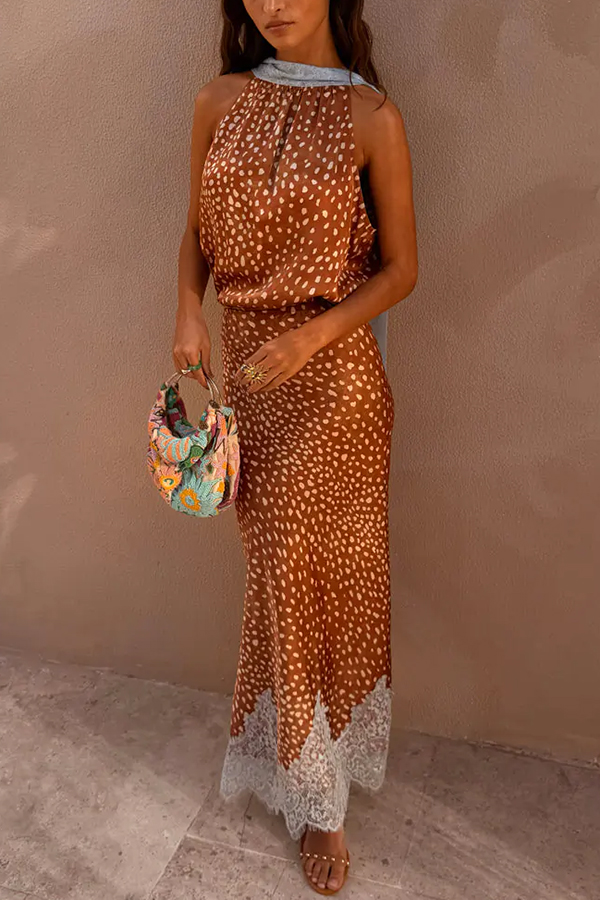 Stunning Fawn Print Contrast Color Satin Lace Trim Mid Rise Maxi Skirt
